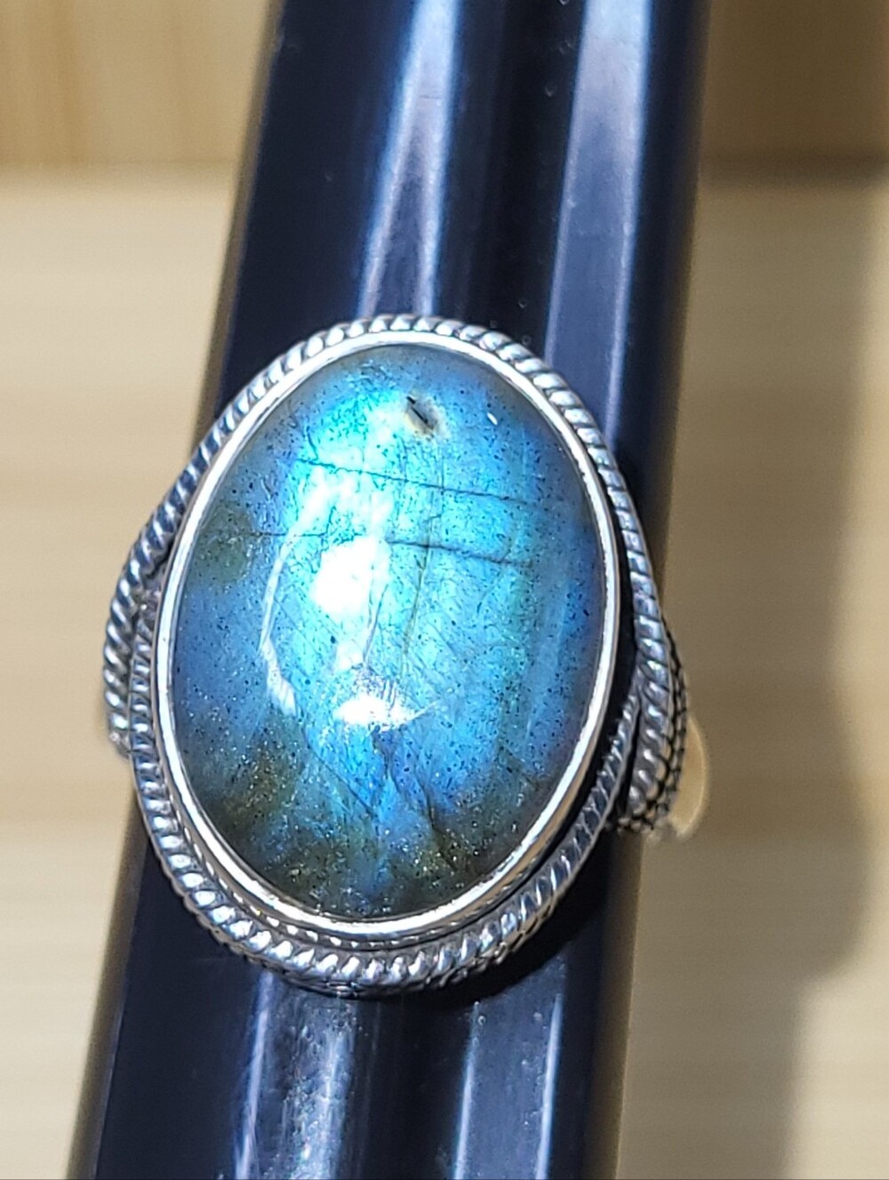 Vintage 925 Sterling Silver & Labradorite Oval Statement Ring - Blue Green Sz 7